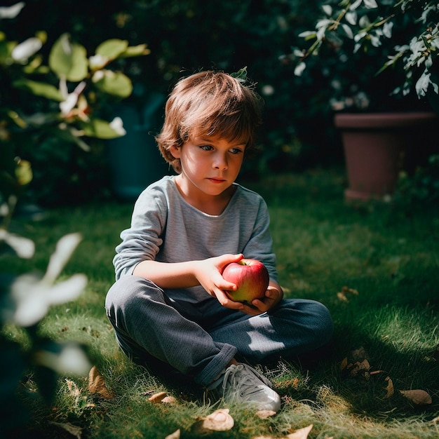 Un jeune garçon est assis dans l'herbe tenant une pomme.