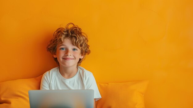 Photo un jeune garçon est assis sur un lit concentré sur un ordinateur portable devant lui il semble être engagé dans l'apprentissage en ligne ou des leçons éducatives