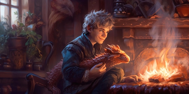 Un jeune garçon est assis près d'un feu avec un dragon sur ses genoux