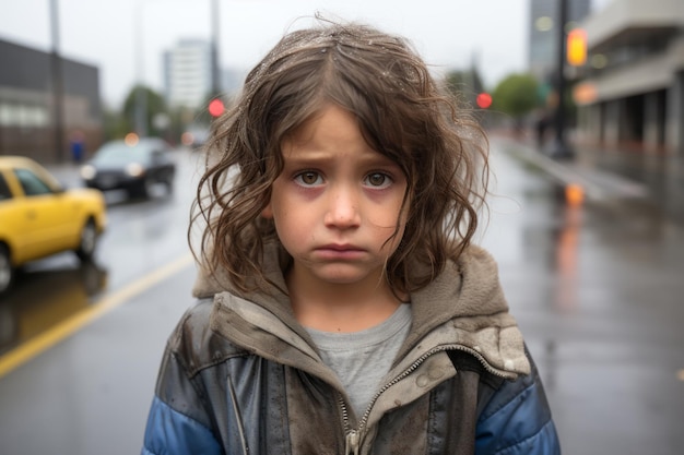 un jeune garçon est debout dans la rue sous la pluie