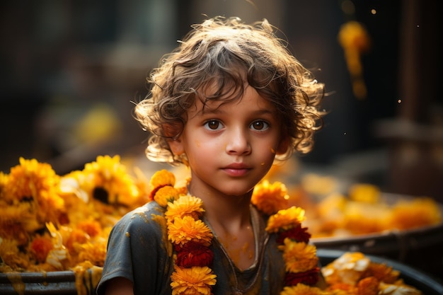 un jeune garçon est entouré de fleurs jaunes