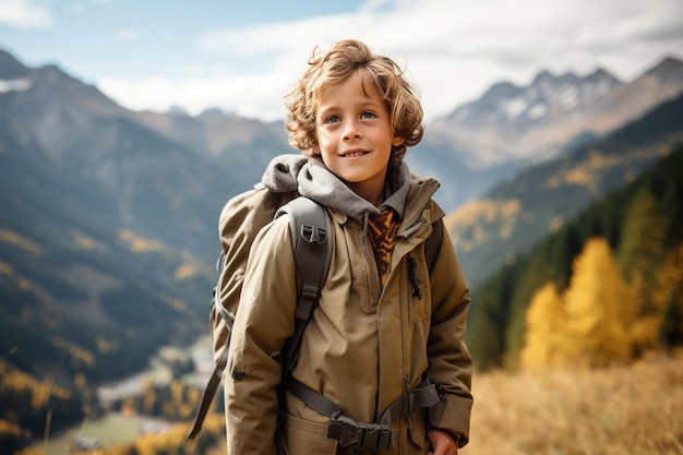 Un jeune garçon d’exploration des montagnes rejoint une randonnée familiale Generative AI