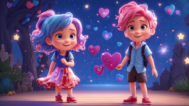 Jeune garçon et fille animés aux cheveux bleus et roses