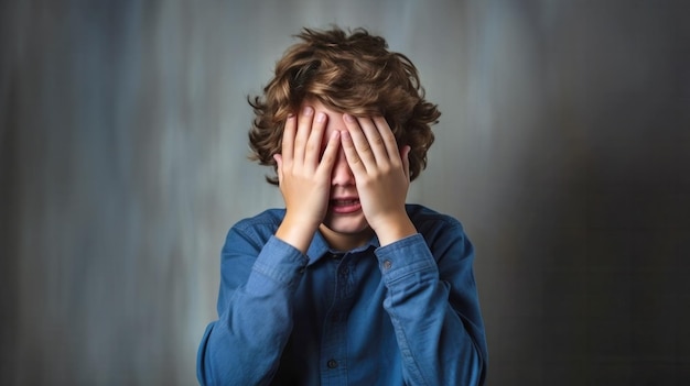 Photo un jeune garçon sur un fond minimaliste couvrant son visage avec ses mains