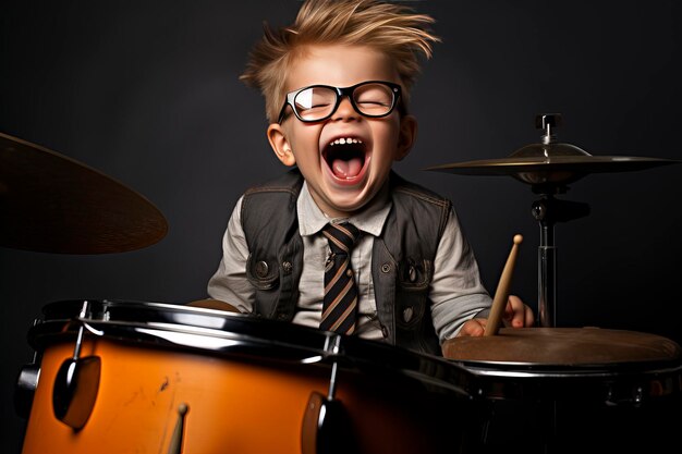 Photo jeune garçon jouant passionnément de la batterie exprimant son talent musical et sa créativité pendant la batterie