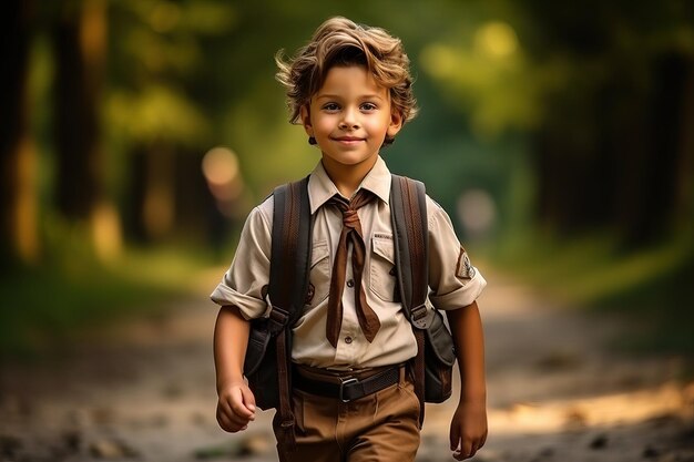 Un jeune garçon joyeux dans un uniforme de scout marchant le long de la route peintre de portraits cinématographique