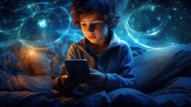 Jeune garçon sur le lit avec téléphone