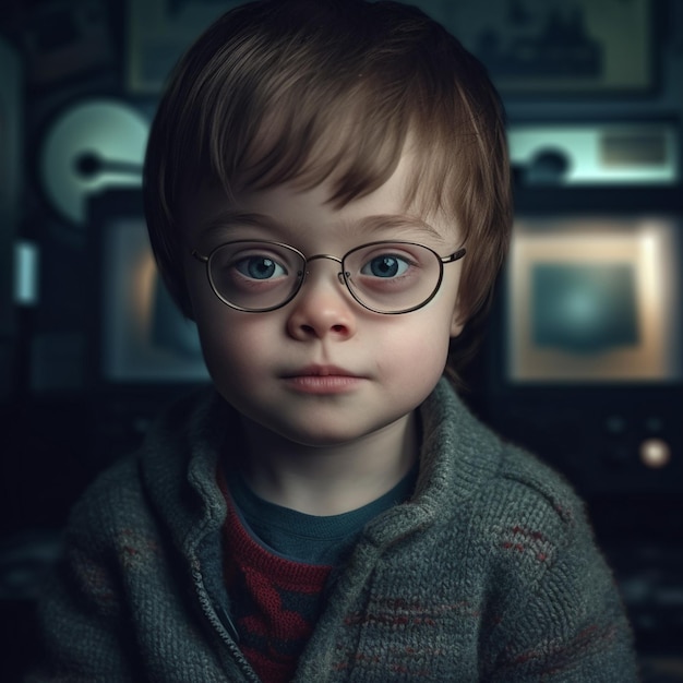 Un jeune garçon avec des lunettes et un chandail qui dit 'syndrome de Down'
