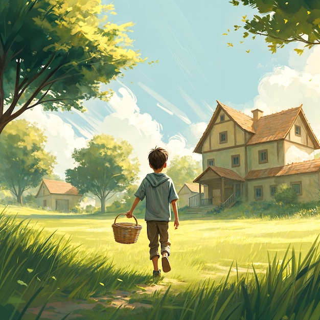 Un jeune garçon marche à travers un champ herbeux vers une grande maison avec un toit brun portant un panier La scène se déroule un jour ensoleillé avec des arbres et des nuages en arrière-plan