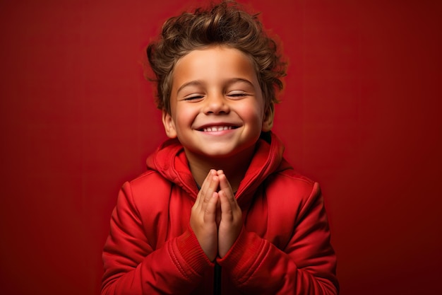 Jeune garçon mignon priant sur fond rouge