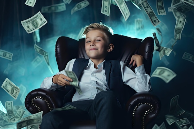 Jeune garçon millionnaire euphorique profitant de la richesse dans un fauteuil luxueux