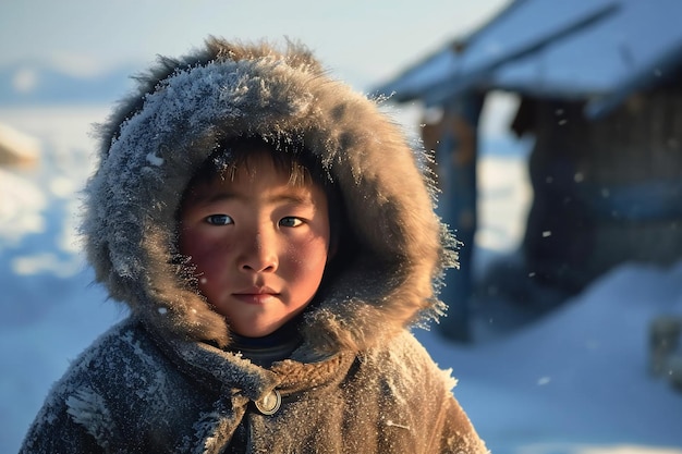 Un jeune garçon mongol portant une parka pendant l'hiver froid