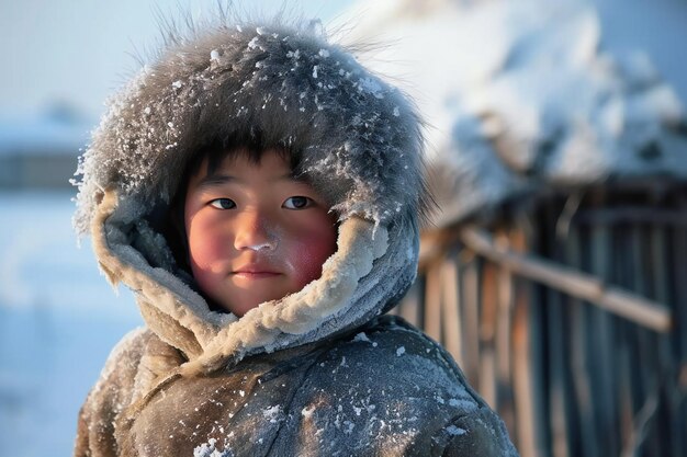 Un jeune garçon mongol portant une parka pendant l'hiver froid