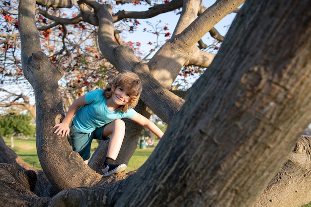 Le jeune garçon monte un enfant d'arbre se reposant sur une branche