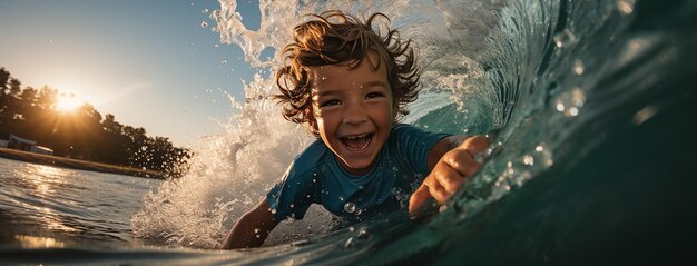 Photo un jeune garçon monte une vague sur une planche de surf.