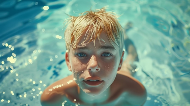 Photo un jeune garçon nageant dans la piscine.