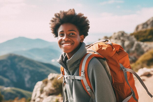 Photo un jeune garçon noir marchant sur le sommet d'une montagne