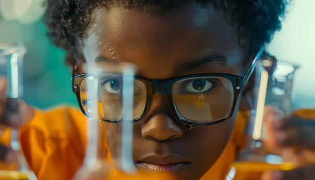 Un jeune garçon noir regarde une table pleine de liquides colorés.