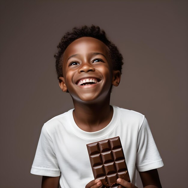 Un jeune garçon noir souriant avec du chocolat sur un fond plat