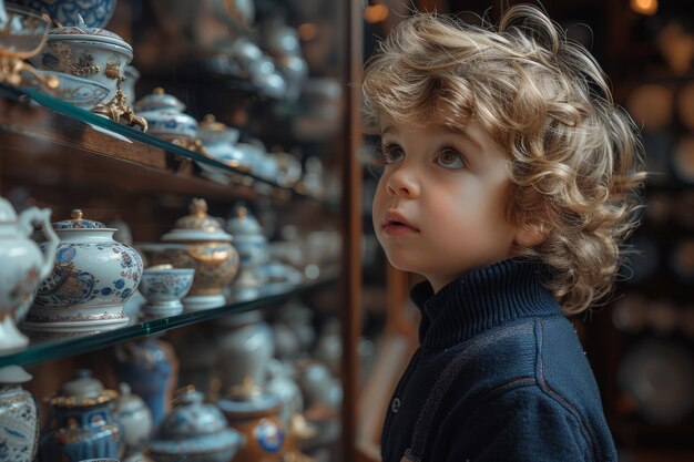 Un jeune garçon observe une exposition de vases