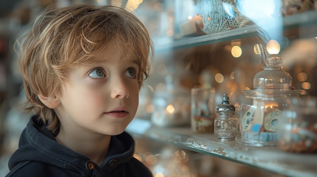 Un jeune garçon observe une vitrine