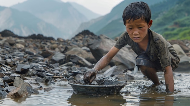 Un jeune garçon de pas plus de douze ans se tient jusqu'aux genoux dans l'eau trouble ses petites mains tamisant