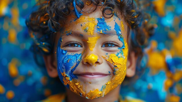 Jeune garçon peint au visage jaune et bleu