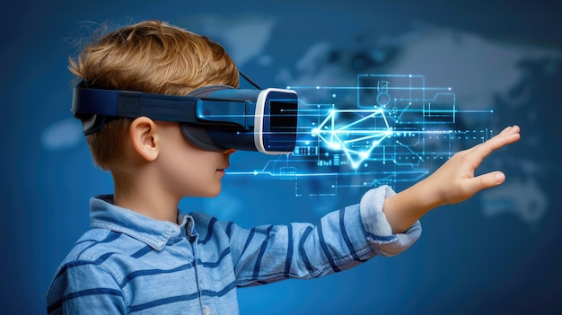Un jeune garçon portant un casque de réalité virtuelle interagit avec une interface numérique en pointant son doigt vers un réseau brillant de lignes et de points