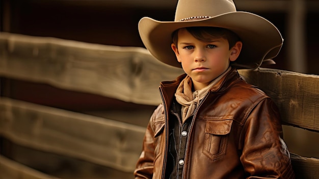 Photo un jeune garçon portant un chapeau de cow-boy se tient devant une clôture en bois.