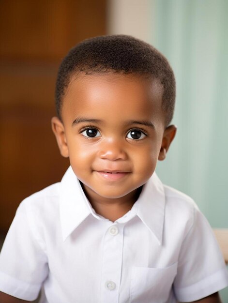 un jeune garçon portant une chemise blanche qui dit qu'il sourit