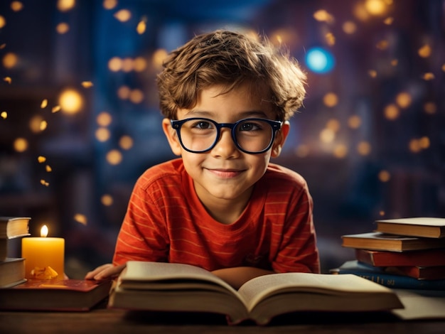 Jeune garçon portant des lunettes et lisant un livre heureux