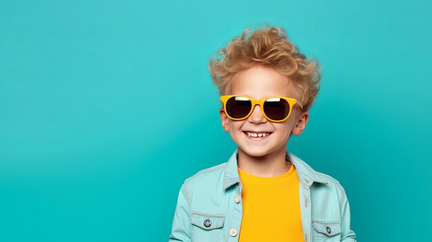 Un jeune garçon portant des lunettes de soleil et souriant