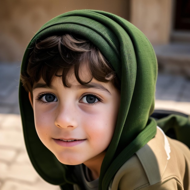 Un jeune garçon portant un sweat à capuche vert et une chemise verte.