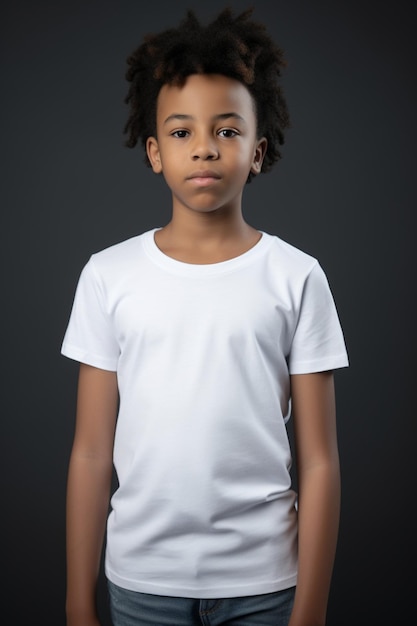 Un jeune garçon portant un t-shirt blanc sur un fond sombre.