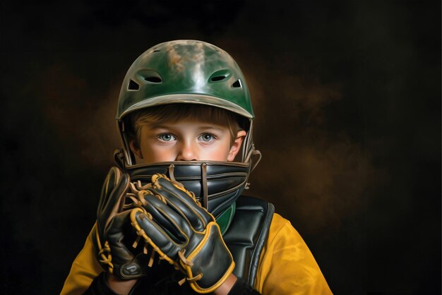 Un jeune garçon portant un uniforme de baseball et tenant un gant de receveur