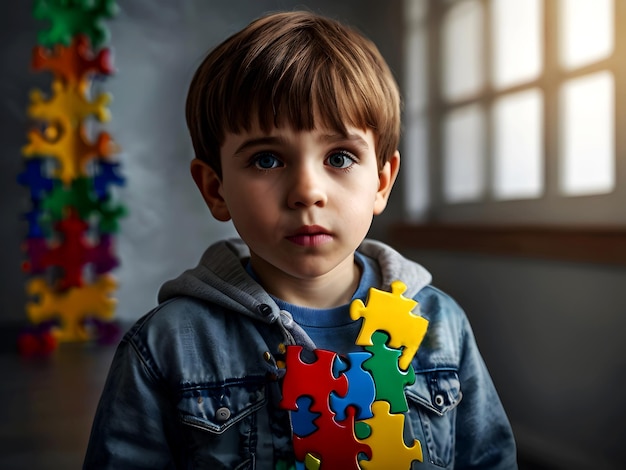 Un jeune garçon portant une veste de jean bleue avec une pièce de puzzle dessus