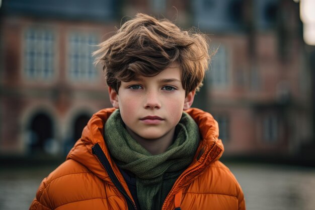 un jeune garçon portant une veste orange et un foulard vert