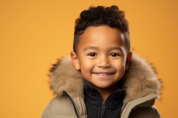 un jeune garçon portant une veste et souriant