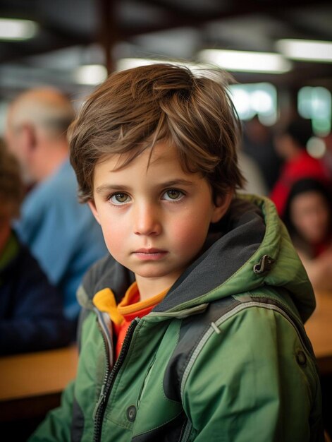 un jeune garçon portant une veste verte avec une cape jaune et orange