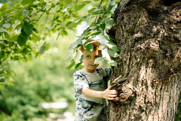 Jeune garçon près d'un arbre en été. Reposez-vous dans les bois, dans le parc des enfants.