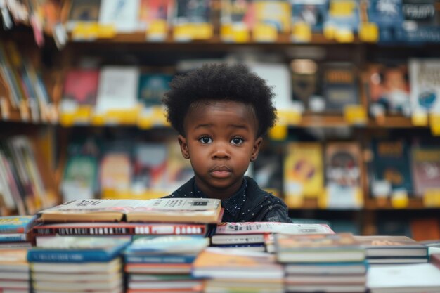 Un jeune garçon près d'une pile de livres