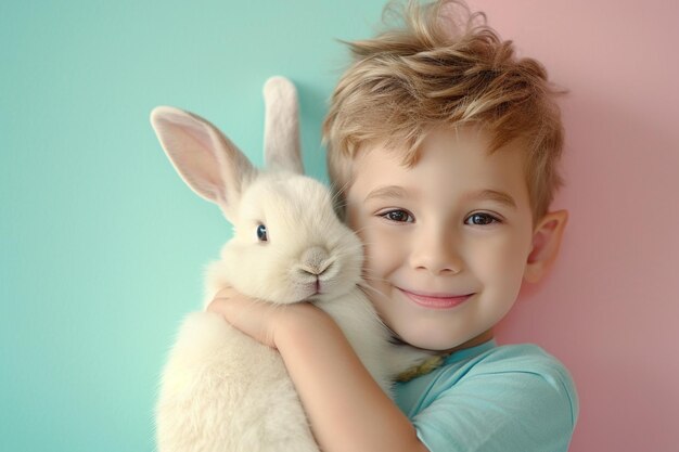 Photo un jeune garçon qui caresse un mignon lapin.