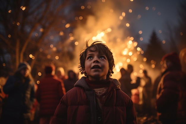 un jeune garçon qui célèbre la nuit du feu de joie