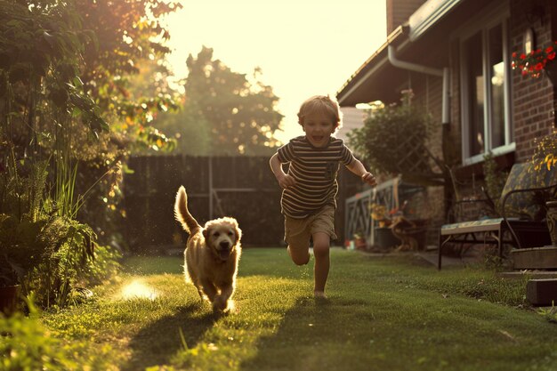 Un jeune garçon qui court avec le chien dans le jardin.