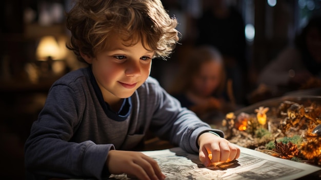 Un jeune garçon qui lit un grand livre d'images sur le sol.