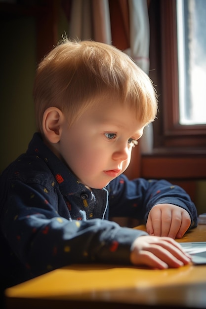 Un jeune garçon regardant un écran de tablette sur la table créée avec l'IA générative