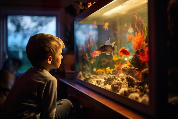 Un jeune garçon regardant avec émerveillement son aquarium coloré dans sa chambre