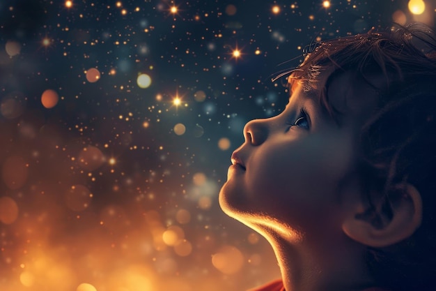Un jeune garçon regarde avec effroi un vaste ciel étoilé rempli d'innombrables étoiles scintillantes un enfant regardant avec étonnement un ciel plein d'étoiles