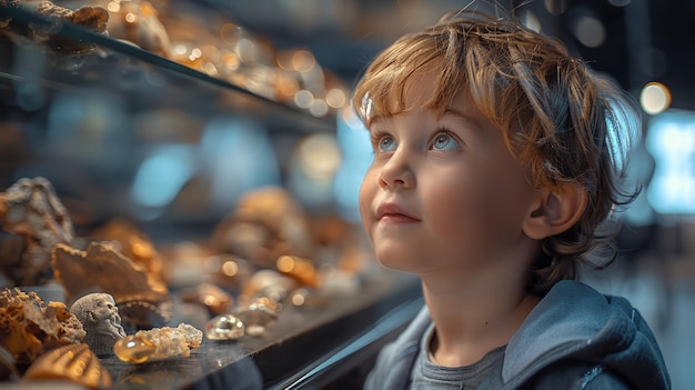 Un jeune garçon regarde une exposition de pépites d'or