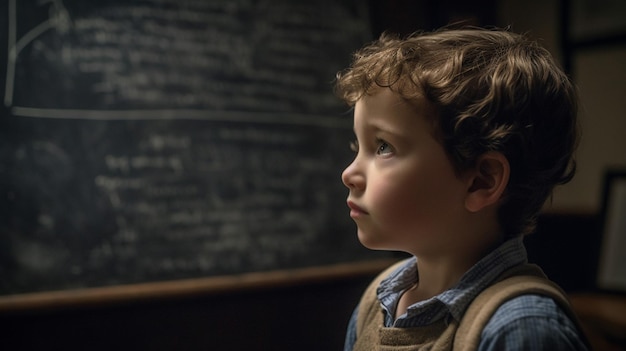 Un jeune garçon regarde par la fenêtre un tableau noir avec les mots "le mot" dessus '
